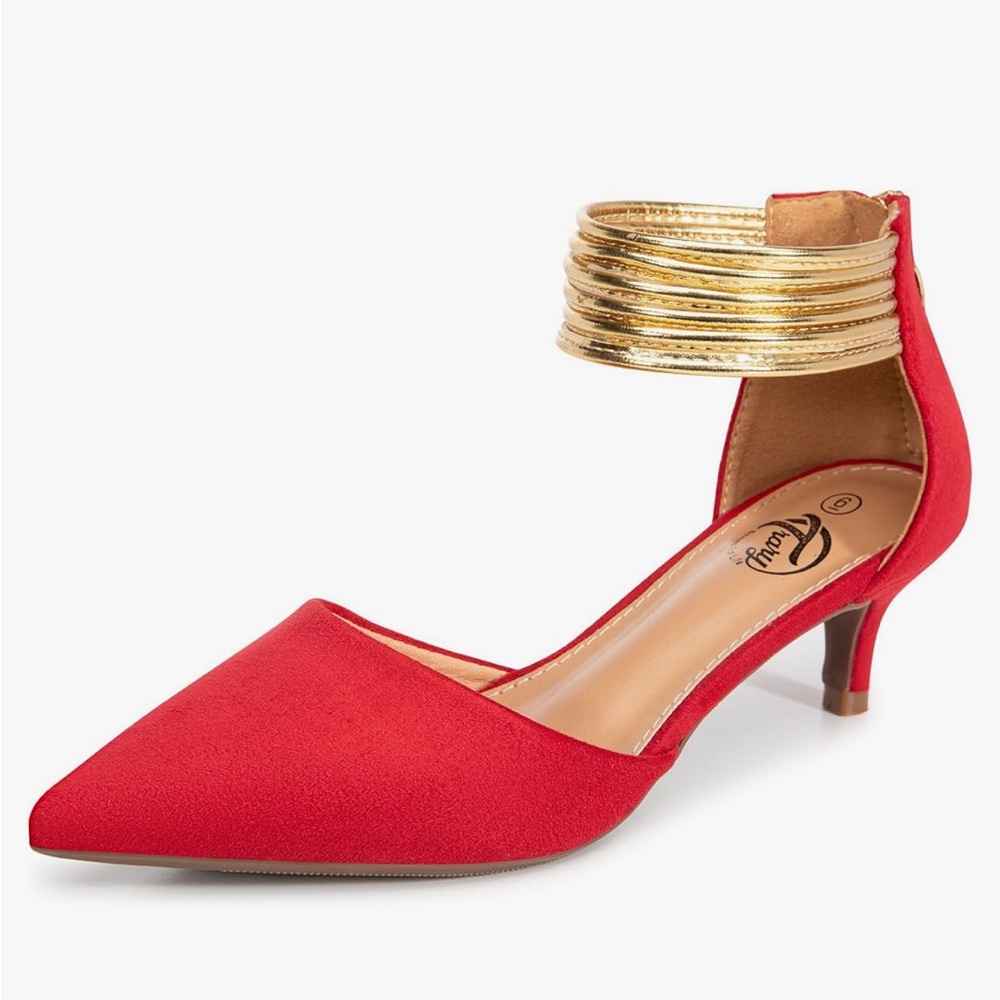 Trary Red Heels with Gold Ankle Strap